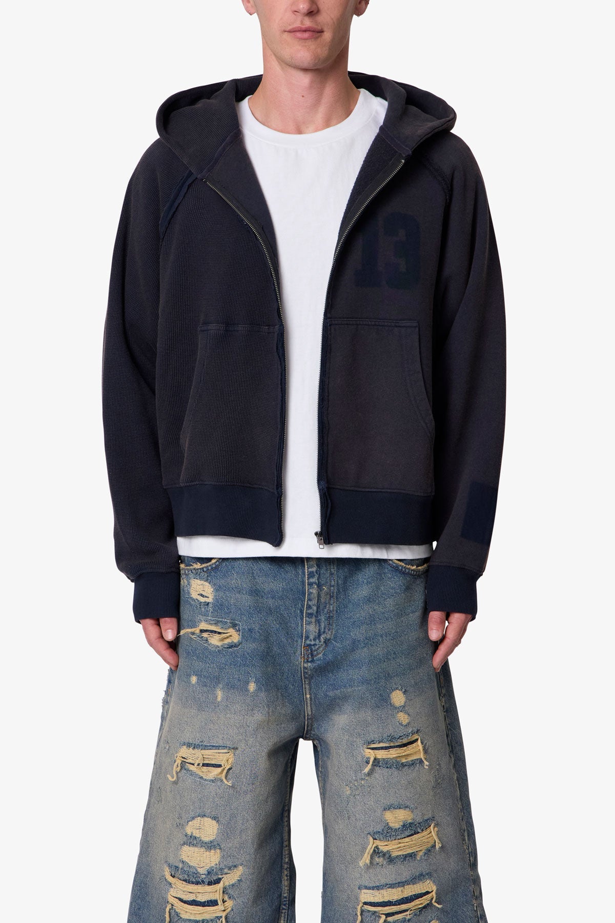Half & Half Zip Up Hoodie - Washed Black