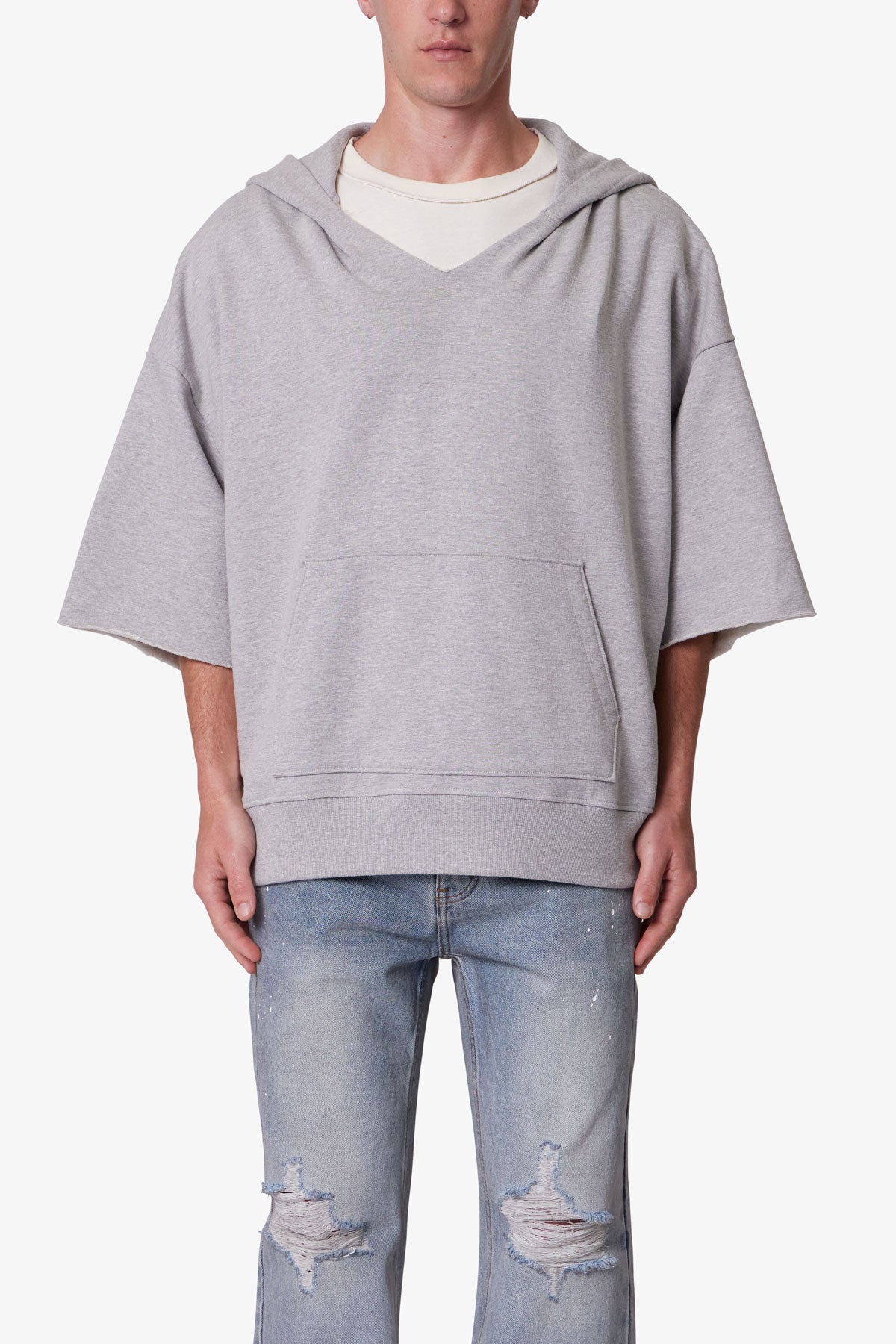 Hooded 3/4 Sleeve Rag Sweater - Grey