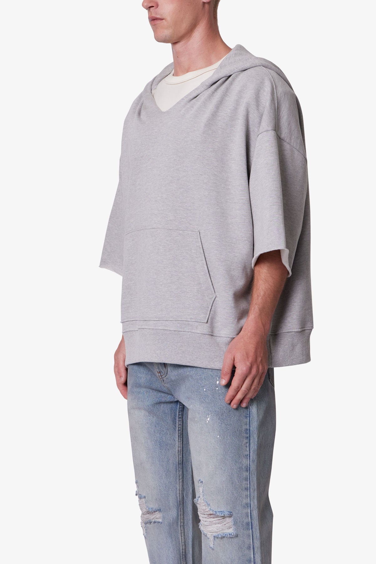 Hooded 3/4 Sleeve Rag Sweater - Grey