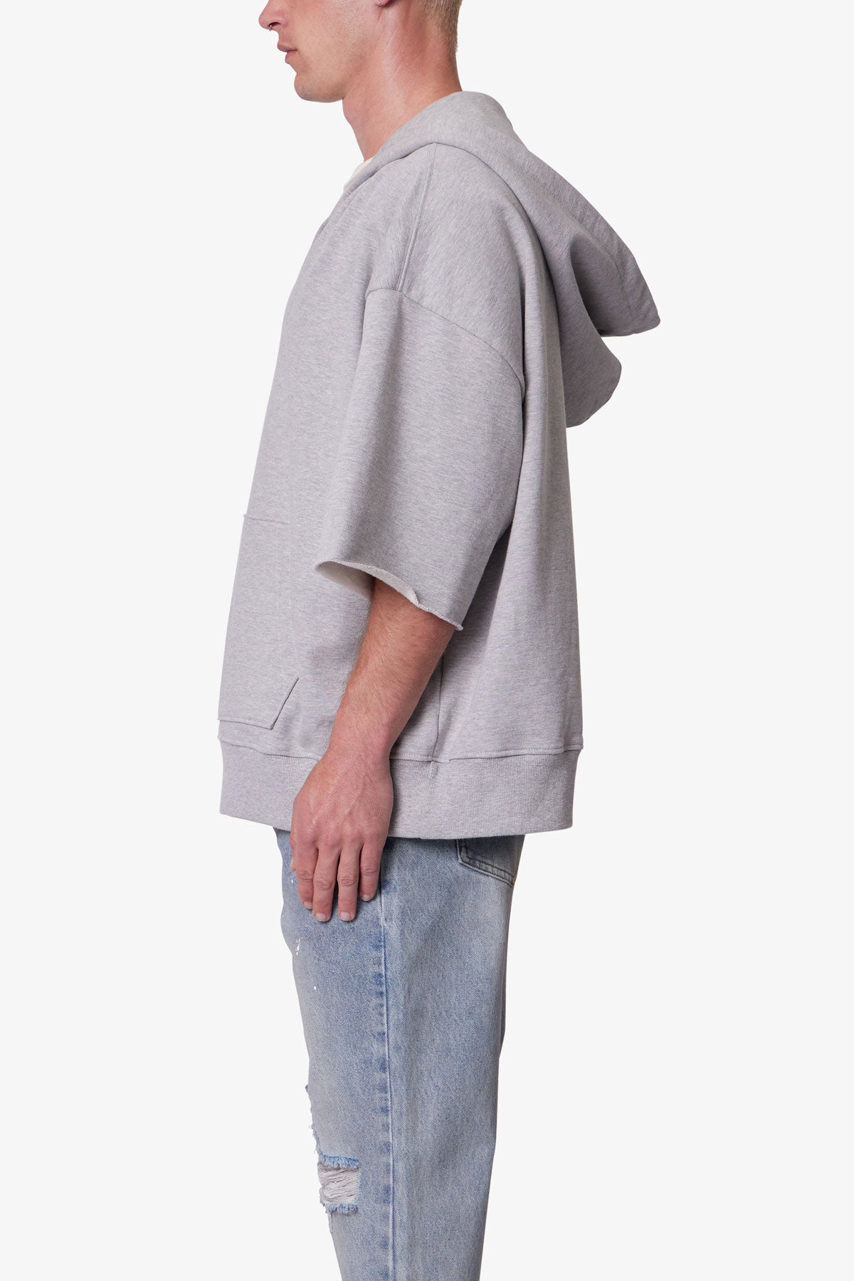 Hooded 3/4 Sleeve Rag Sweater - Grey