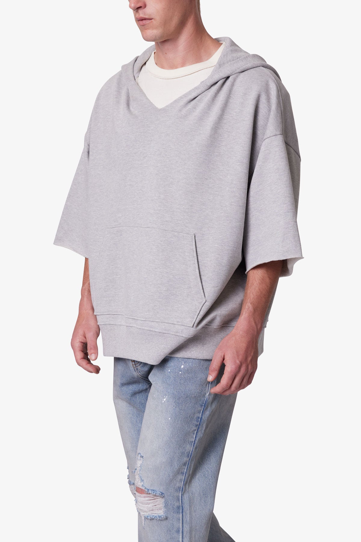 Hooded 3/4 Sleeve Rag Sweater - Grey