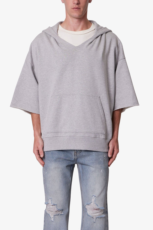 Hooded 3/4 Sleeve Rag Sweater - Grey