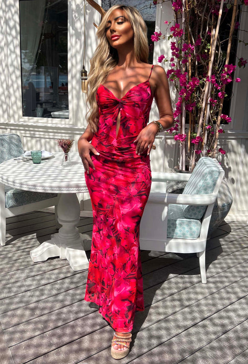 Island Sunset Pink Vivid Print Backless Cami Maxi Dress