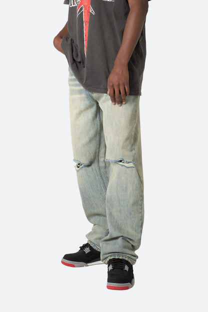 Knee Distressed Ultra Baggy Denim - Vintage Blue