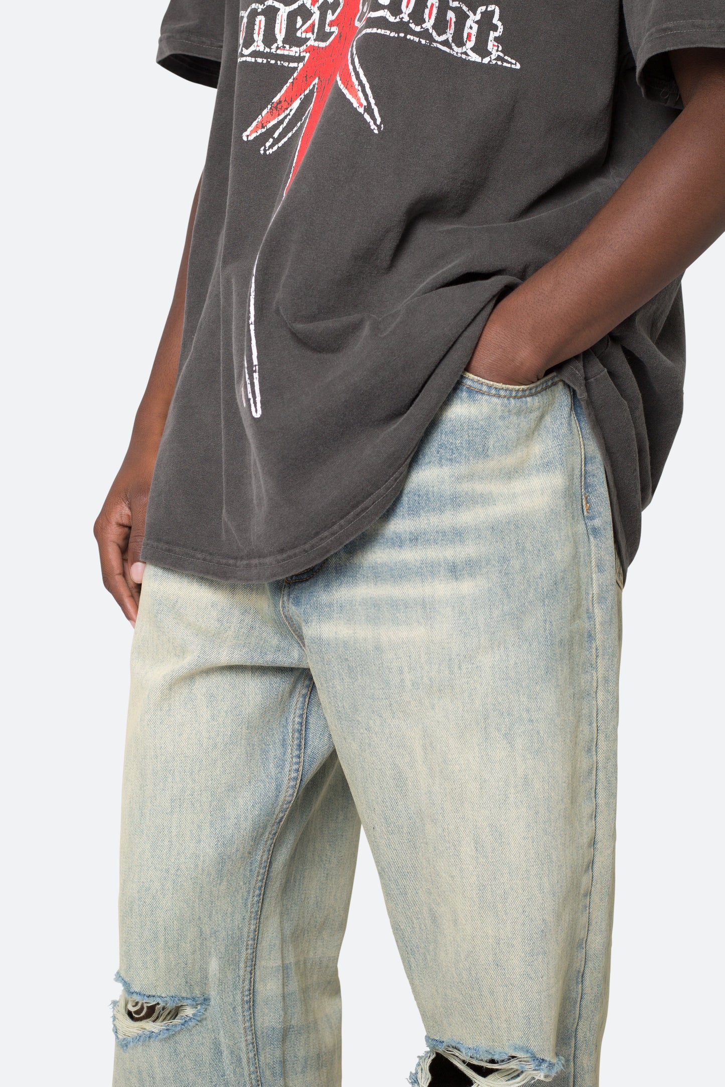 Knee Distressed Ultra Baggy Denim - Vintage Blue