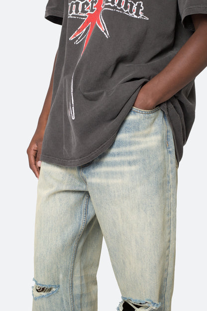 Knee Distressed Ultra Baggy Denim - Vintage Blue