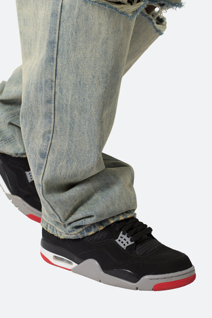 Knee Distressed Ultra Baggy Denim - Vintage Blue
