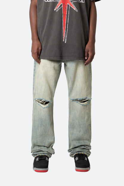 Knee Distressed Ultra Baggy Denim - Vintage Blue