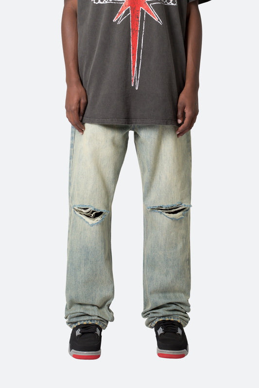 Knee Distressed Ultra Baggy Denim - Vintage Blue