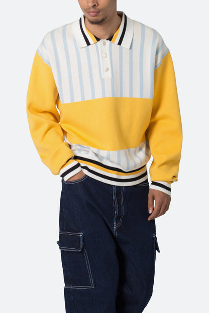 Knit Stripe L/S Polo - Blue/Yellow