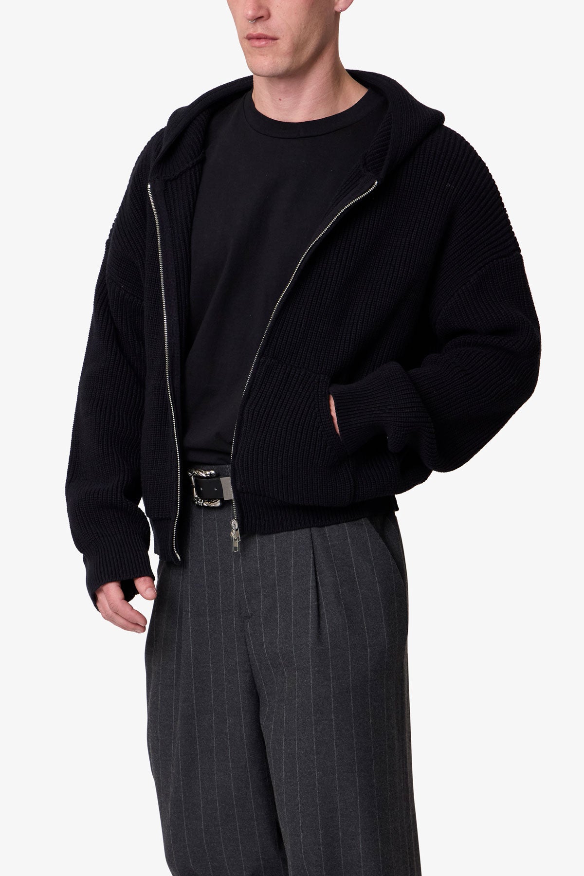 Knit Zip Up Hoodie - Black