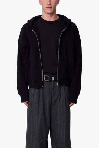 Knit Zip Up Hoodie - Black