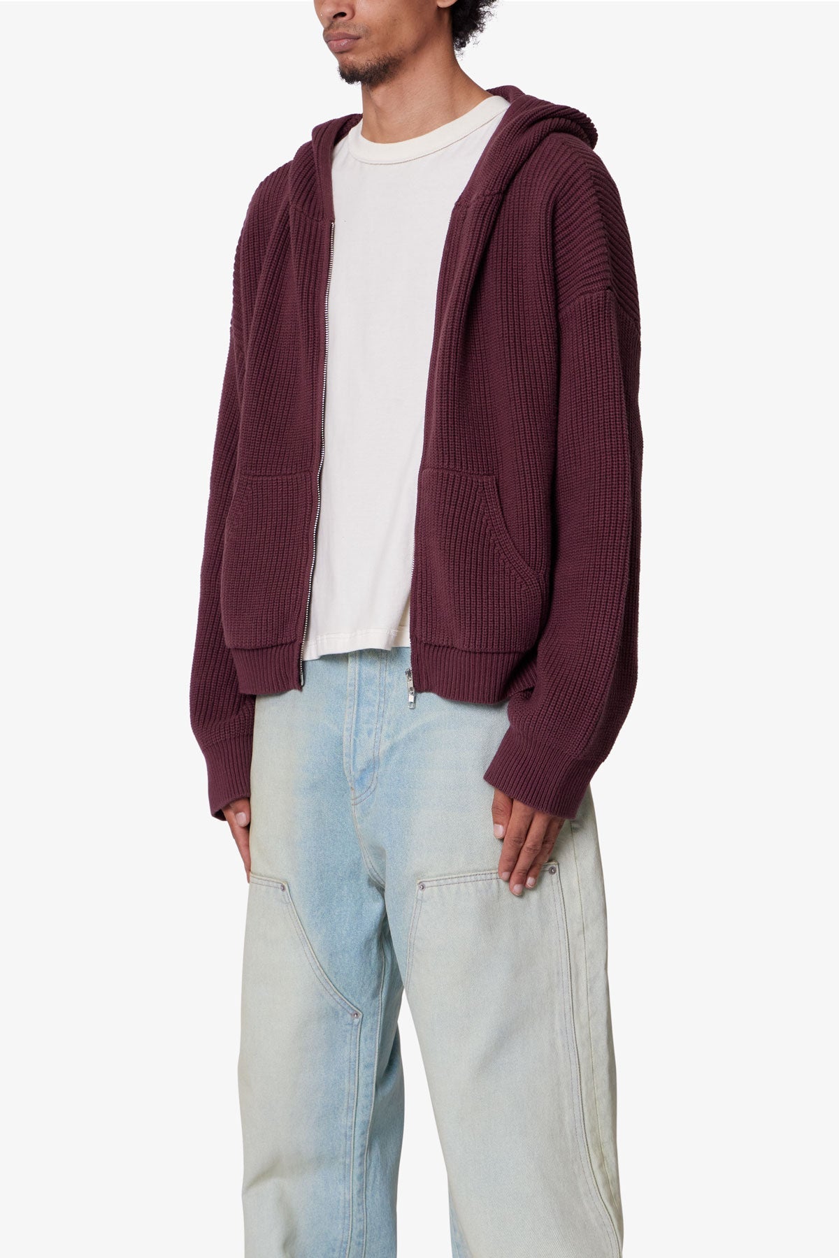 Knit Zip Up Hoodie - Burgundy