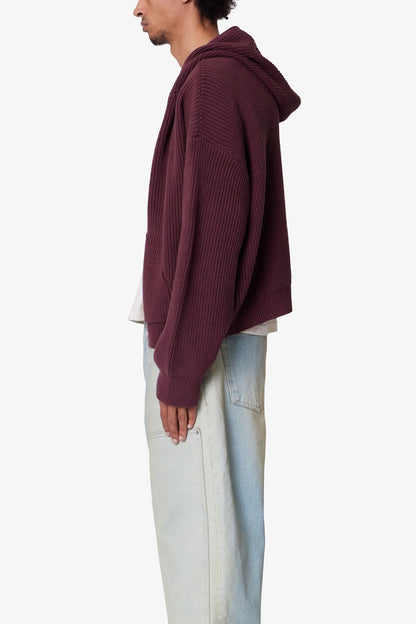 Knit Zip Up Hoodie - Burgundy