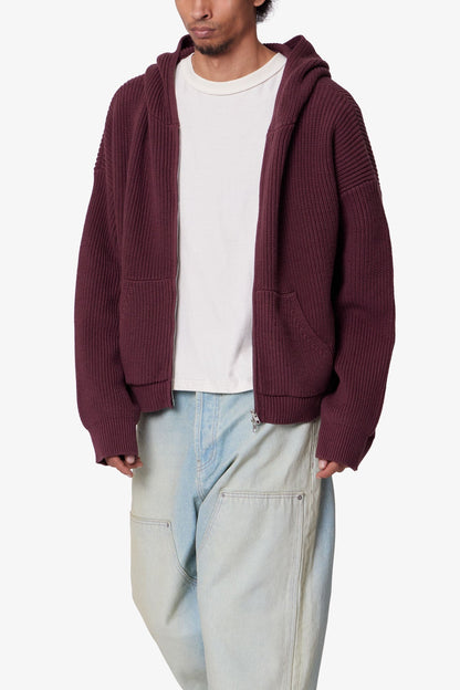 Knit Zip Up Hoodie - Burgundy