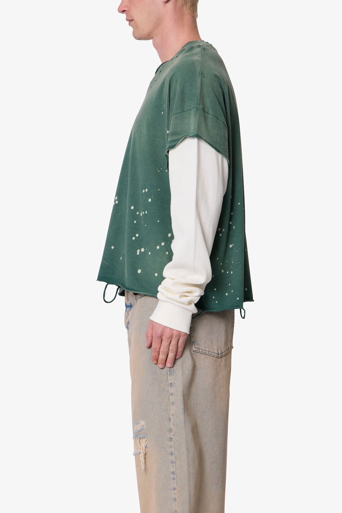 Layered Distressed Painted L/S Tee - Green
