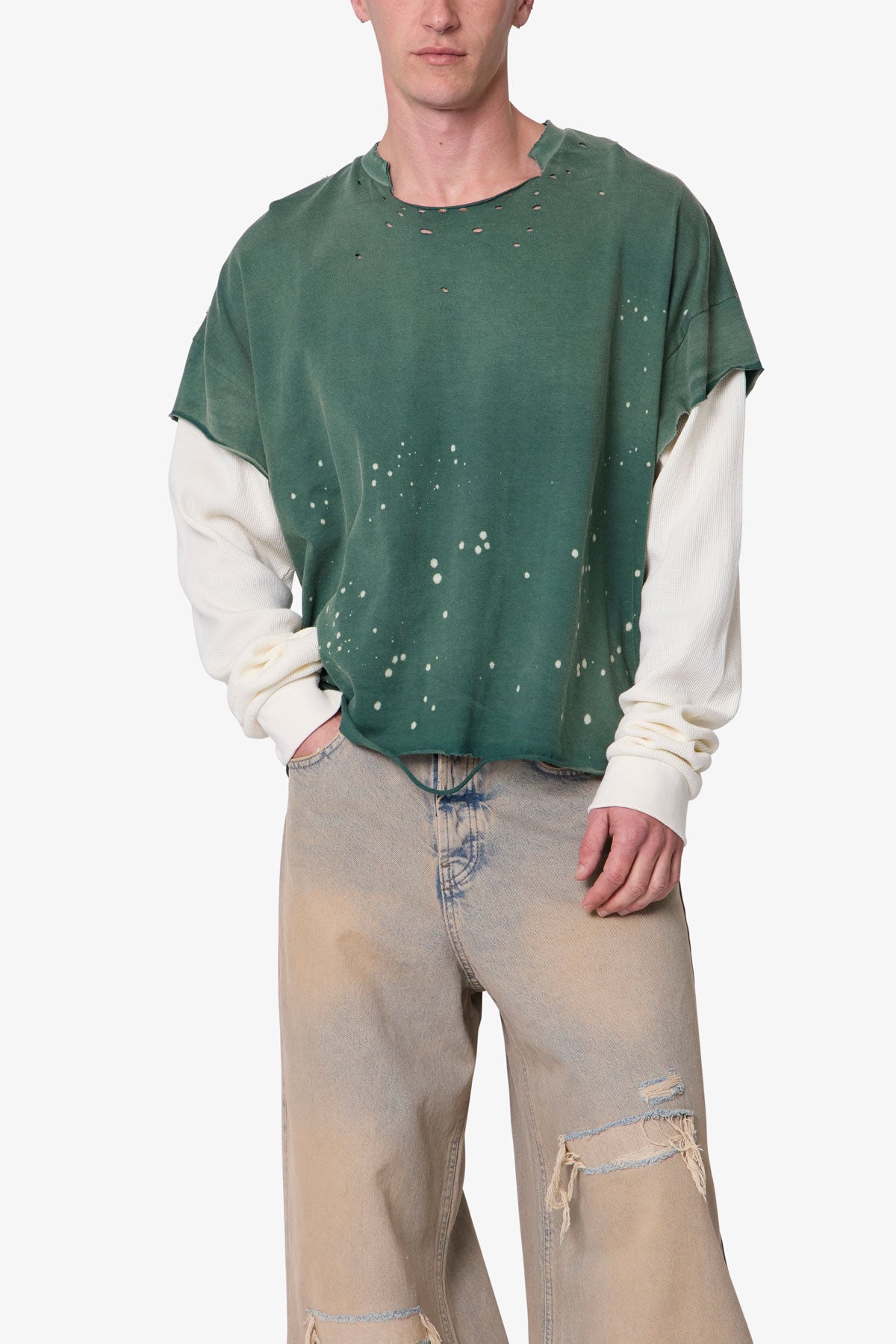 Layered Distressed Painted L/S Tee - Green
