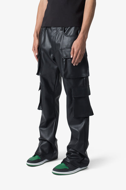 Leather Double Snap Cargo Pants - Black