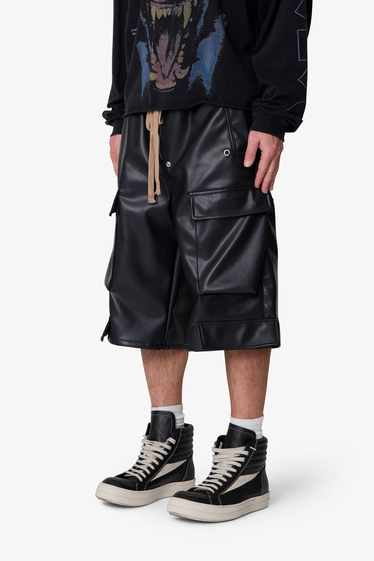 Leather Rave Cargo Shorts - Black
