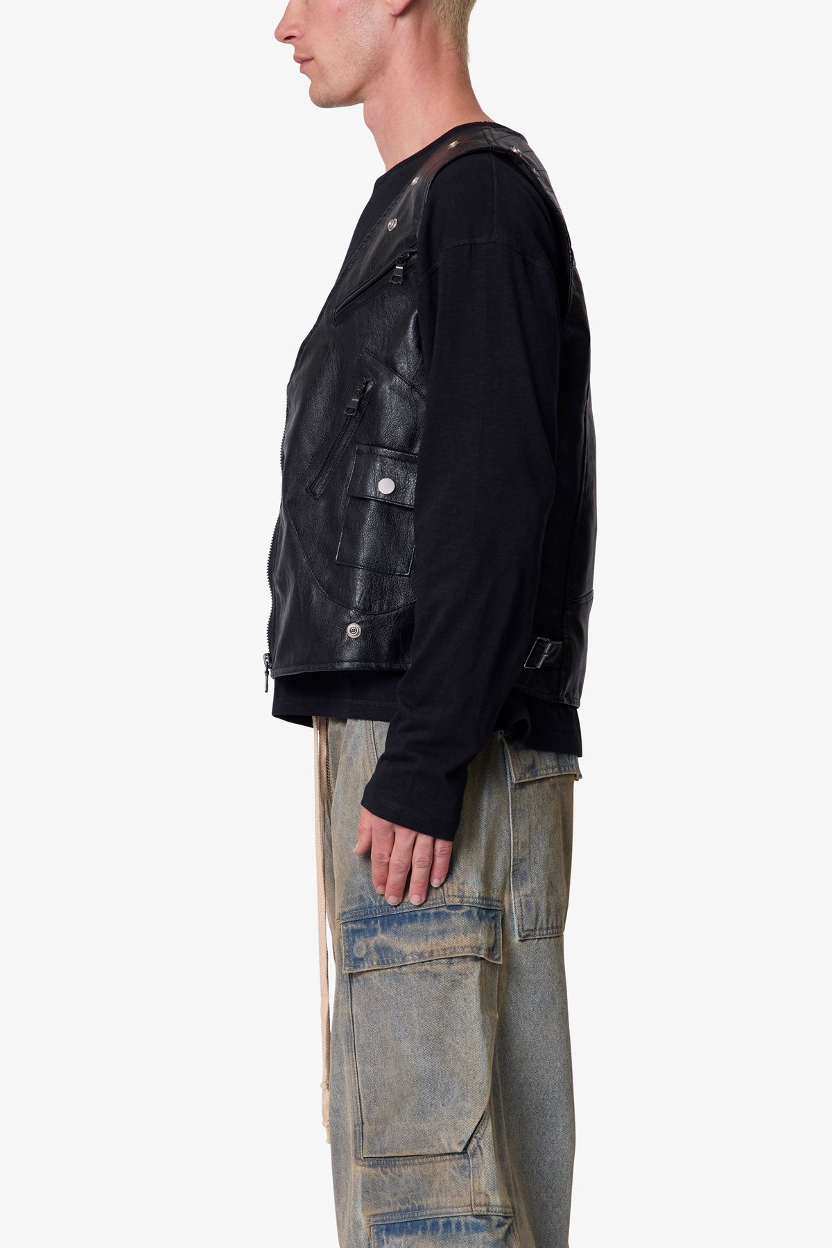Leather Zipper Vest - Black