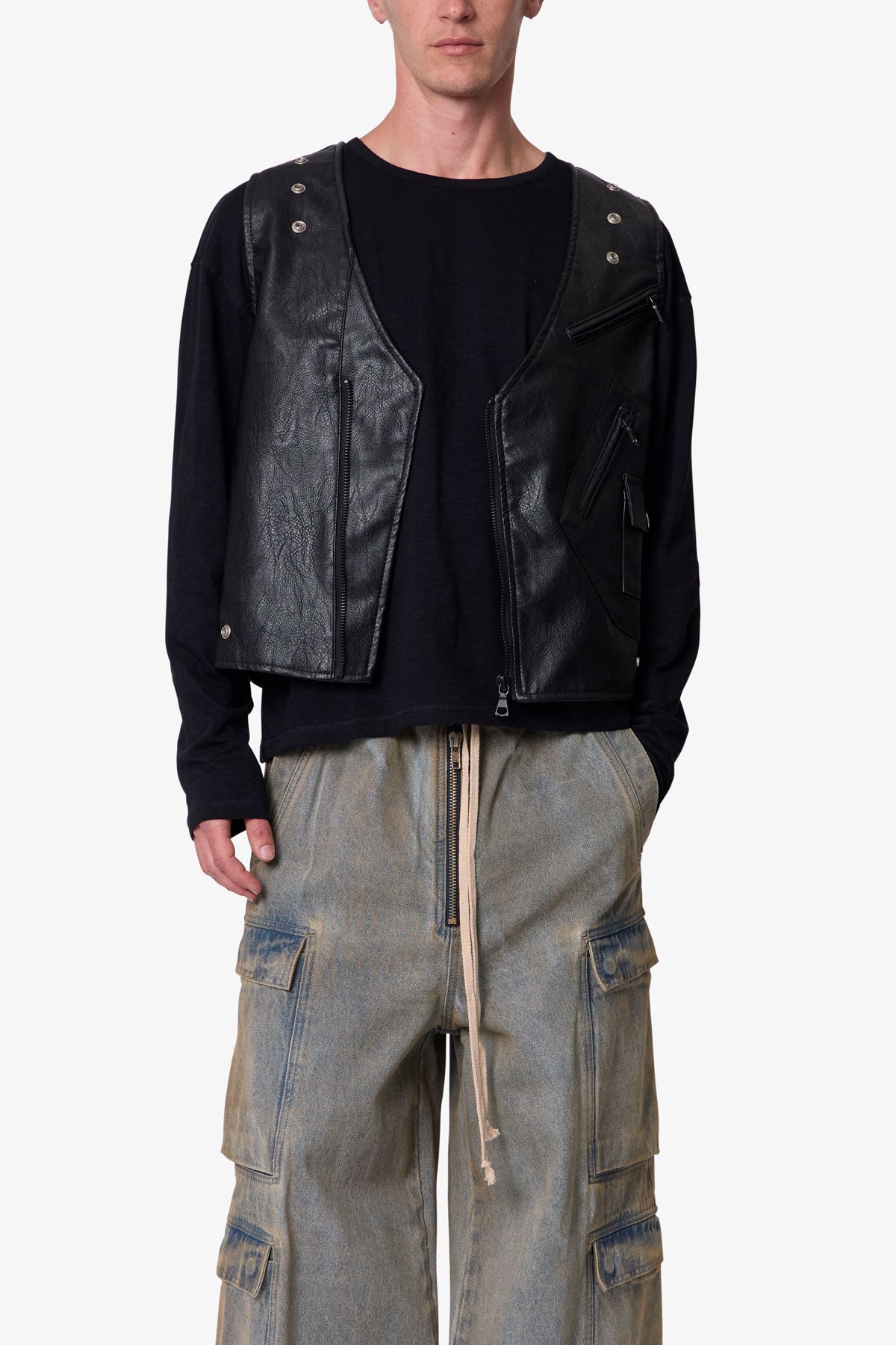 Leather Zipper Vest - Black