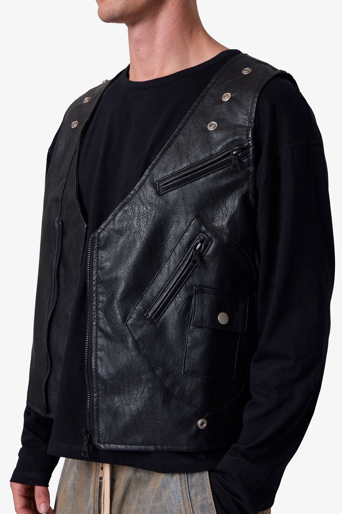 Leather Zipper Vest - Black