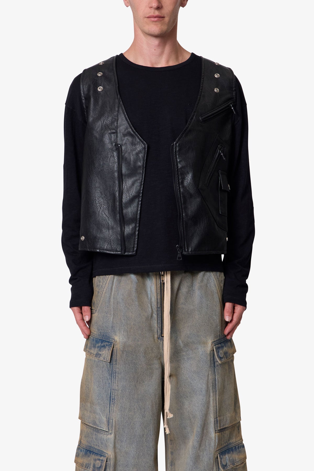 Leather Zipper Vest - Black