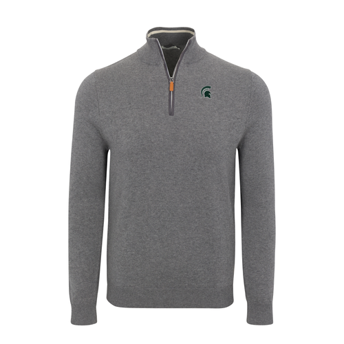 Michigan State Grey with Grey Trim Luxury Touch Cotton and Cashmere Quarter Zip Sweater