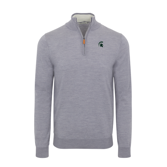 Michigan State Grey Melange Cashmere Touch Australian Merino Quarter Zip Sweater