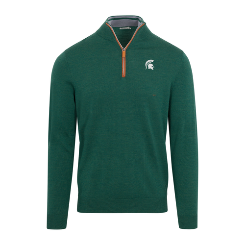 Michigan State Hunter Green with Brown Suede Trim Cashmere Touch Australian Merino Quarter Zip Sweater