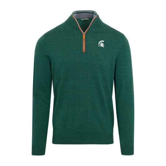 Michigan State Hunter Green with Brown Suede Trim Cashmere Touch Australian Merino Quarter Zip Sweater