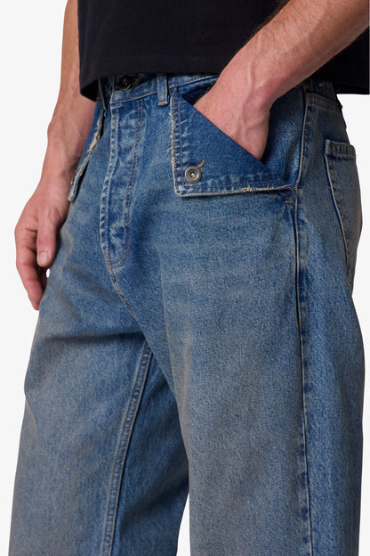 Mule Pocket Kick Flare Denim - Washed Blue