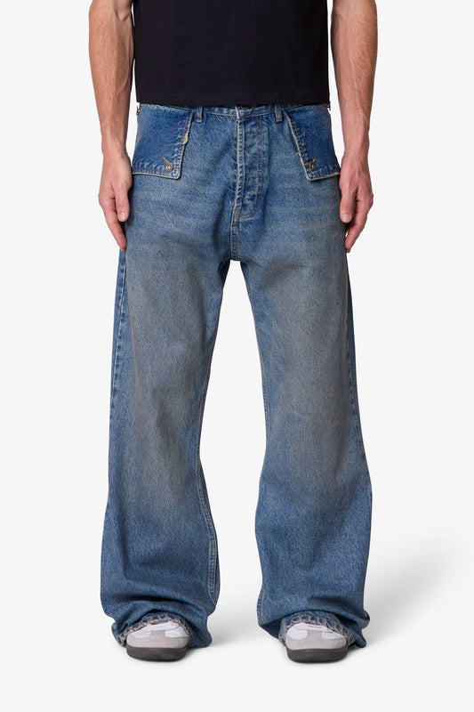 Mule Pocket Kick Flare Denim - Washed Blue