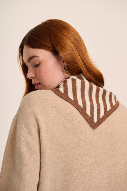 Nova Merino Wool Knitted Triangle Scarf - Brown Stripe