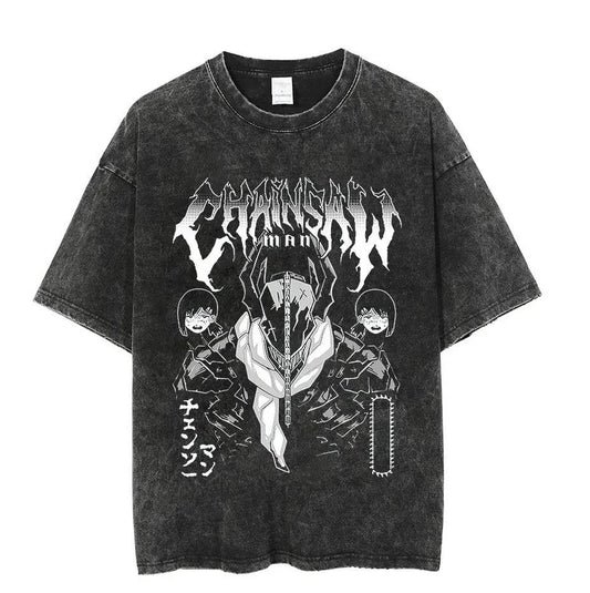 2024 Vintage Washed Tshirts Chainsaw Woman Anime T Shirt