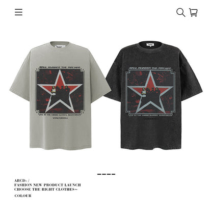 American vintage street T-shirt pure cotton retro men's and women's summer loose half sleeves