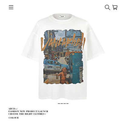 American vintage street T-shirt pure cotton retro men's and women's summer loose
