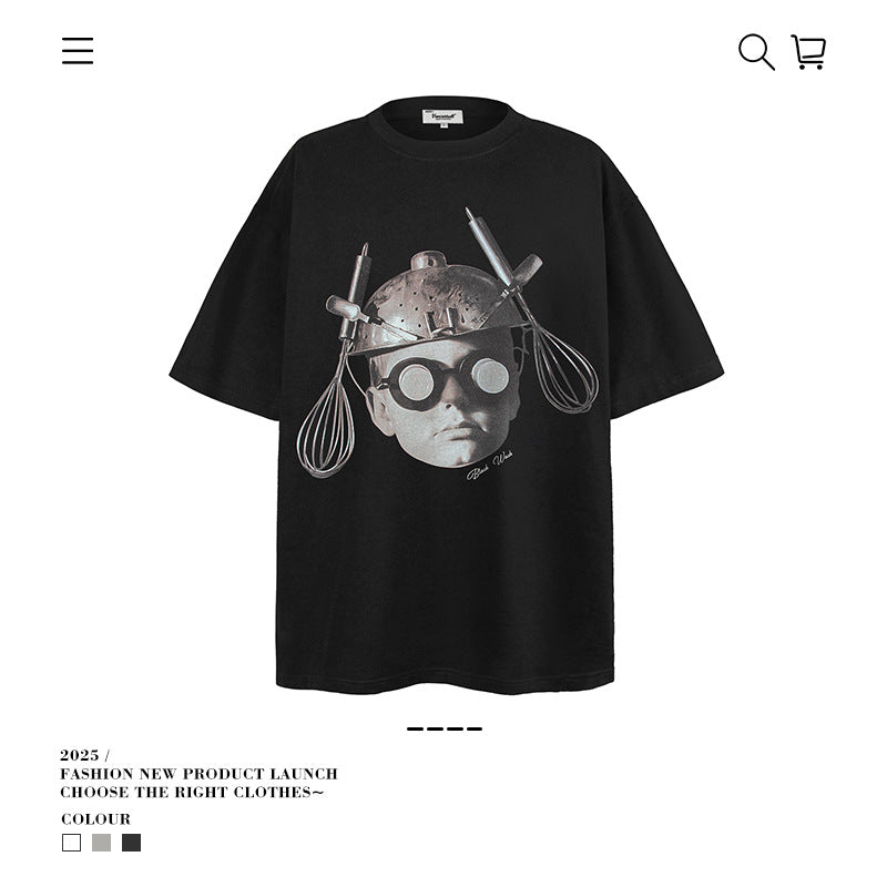 American vintage street T-shirt portrait print men loose half sleeve