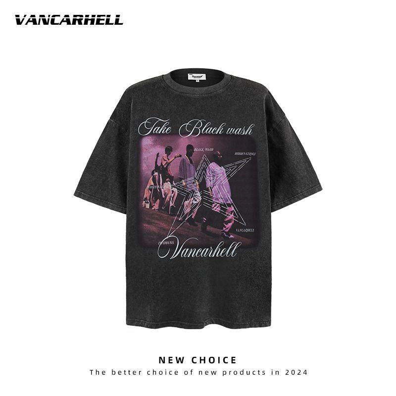 American vintage street T-shirt retro character print men's loose top