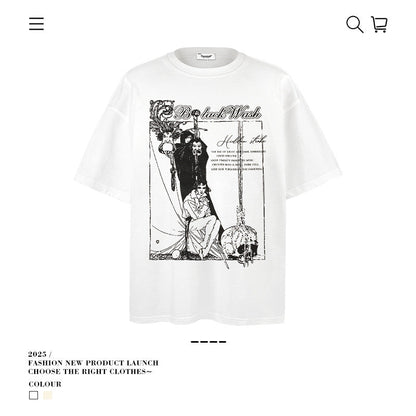 American vintage street T-shirt hand-painted character print men's summer loose half-sleeves