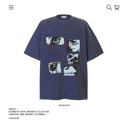 American vintage street T-shirt pure cotton retro men's and women's summer loose half sleeves