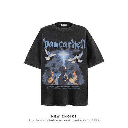 American vintage street T-shirt retro character print men's loose top