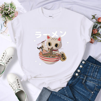 2024Harajuku Cat Neko Noodles Ramen Tee Shirts Summer