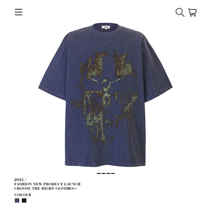 American vintage street T-shirt pure cotton men's and women's summer loose retro half-sleeves