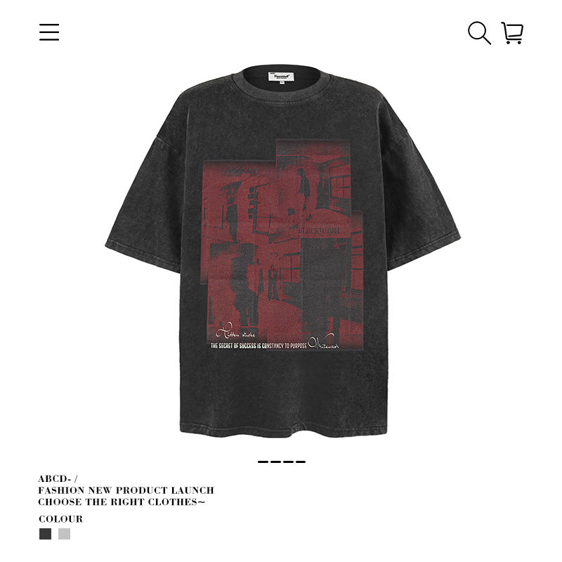 American vintage street T-shirt summer men's loose pure cotton