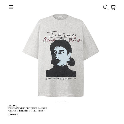 American vintage street T-shirt pure cotton retro men's and women's summer loose half sleeves