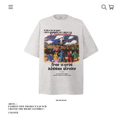 American vintage street T-shirt cotton cartoon character print men and women summer loose