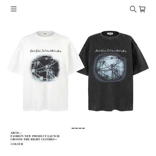 American vintage street T-shirt pure cotton retro men's and women's summer loose