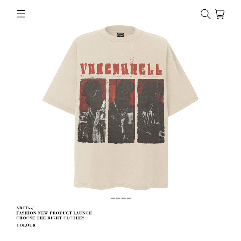 American vintage street T-shirt retro men's summer loose half-sleeved shirt
