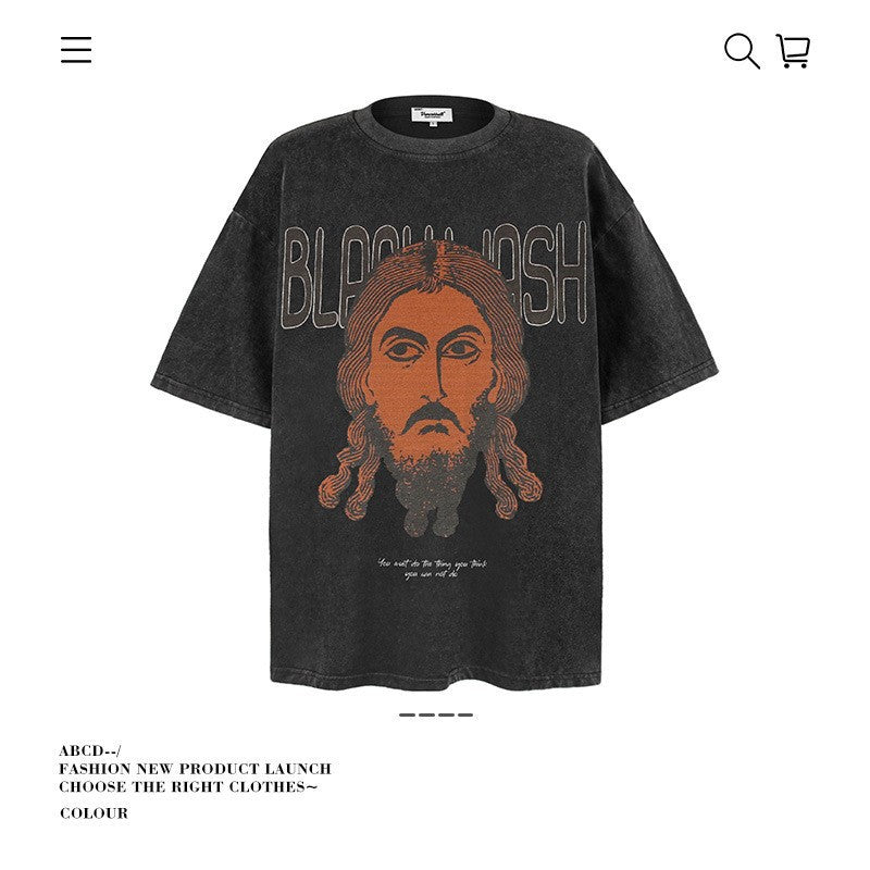 American vintage street T-shirt summer men's loose pure cotton
